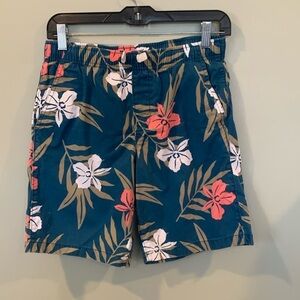 Lands’ End 100% Cotton Hawaiian Flowered Elastic Waist Shorts Blue Boys XL 14/16